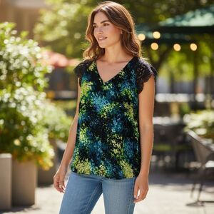 City Streets Blue and Green Blouse with Black Lace
